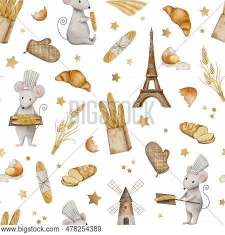 Seamless Pattern With Mouse Chef, Eggs, Flour Sack, Croissant, Crispy French Baguettes In Craft Bag 