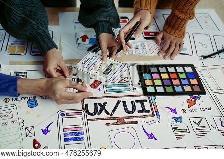 Team Of Creative Web, Graphic Designer Planning For Mobile Phone, Drawing Website Ux Ui App For Mobi
