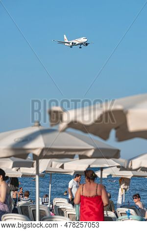 Larnaca, Cyprus - July 17, 2022: Airbus A320-214 Of Tus Air Airlines Landing Over Mackenzie Beach