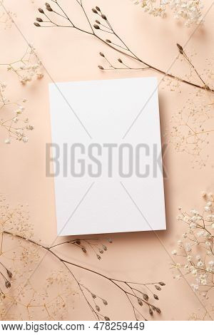 Invitation Or Greeting Card Mockup With Dry Twigs Decorations On Beige