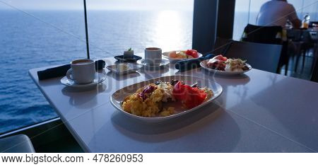 Dining Room Buffet Aboard The Abstract Luxury Cruise Ship.