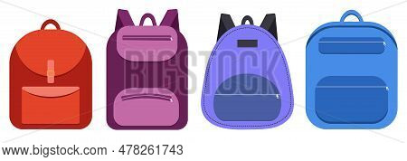 Set Of Colored Backpacks. Vector Backpacks For School, University, College. Flat Vector Illustration
