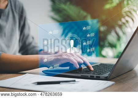 Human Resources Hr Management Recruitment Employment Headhunting Concept. Business Women Use Laptop 