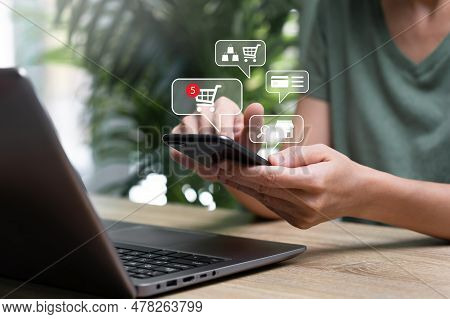 Shopping Online And Technology Concept , Women Use Smartphone Nd Laptop Computer Chatting Online Sho