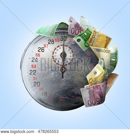 Speed Of Money Transaction. Double Exposure Of Planet And Stopwatch With Euro Banknotes On Light Blu