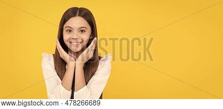 Your Back To School Sckincare. Happy Kid Hold Hands Near Face. Child Face, Horizontal Poster, Teenag