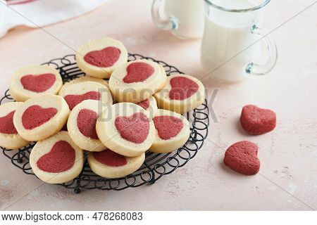 Valentines Day Cookies. Shortbread Cookies Inside A Sweet Red Heart On Pink Plate On Pink Background