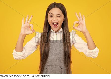Portrait Of Teen Girl Making Ok Gesture, Isolated Background. Young Teenager Smiling And Giving Okey