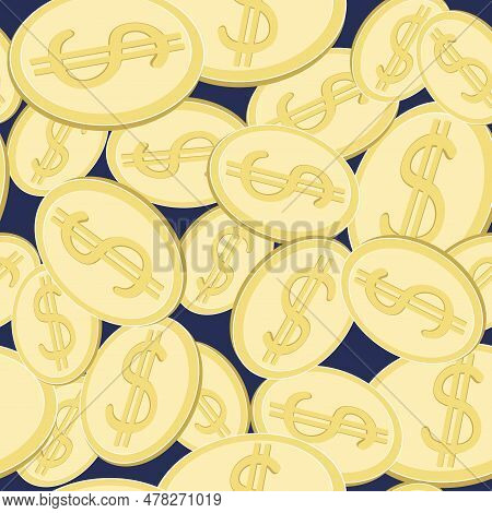 Pattern Seamless Gold Coins. Dollars, Money. Metal Coin In Gold Color. Dollar Sign. Vector Backgroun