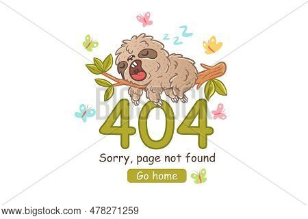 Vector Illustration Of A Sleep Sloth On Branch With Green Leaves For 404 Error Web Page. Webpage 404