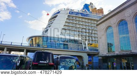 Naples, Italy - May 27, 2023: The New Cruise Ship Odyssey Of The Seas By Royal Caribbean Docked At C