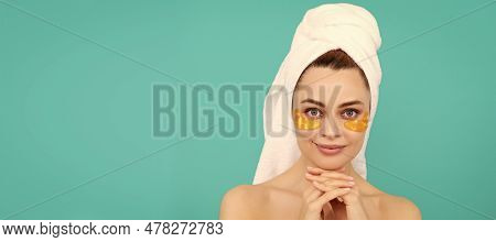 Eye Patches, Patch Under Eyes. Positive Young Woman Has Collagen Golden Eye Patches On Face With Tow