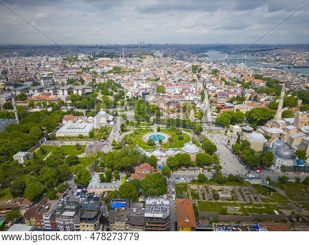Sultan Ahmet Turbesi Tomb And Park Aerial View Next To Blue Mosque In Sultanahmet In Historic City O