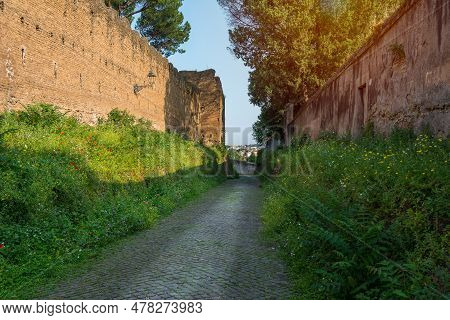 Green Narrow Street At Clivo Di Rocca Savella In  Ancient Rome With A Morning Glow