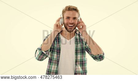 Photo Of Smiling Man Listen Music. Man Listen Music Isolated On White. Man Listen Music