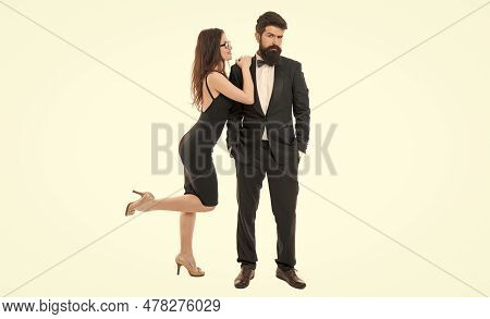Flirting Lady. Woman Attractive Sexy Female Attract Attention Of Bearded Gentleman. Art Of Flirt. Pi