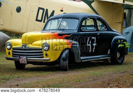 Finowfurt, Germany - May 06, 2023: The Hot Rod On Based Ford Deluxe Coupe. Race Festival 2023. Seaso