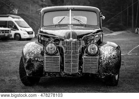 Finowfurt, Germany - May 06, 2023: The Full-size Car Oldsmobile 66 Special Business Coupe, 1939. Bla