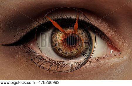 Paranormality, Supernatural Or Mental Disorders Concepts. Woman With Weird Eye, Closeup. Clock Hands