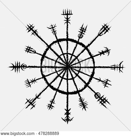 White Grunge Background With Ink Blots And Abstract Black Brushed Symbol. Old Norse Viking Mythology