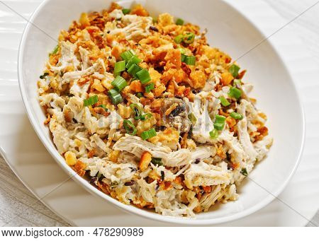 Close-up Of Chicken Rice Casserole D Iberville Topped With French Fried Onion And Crumbled Crackers 