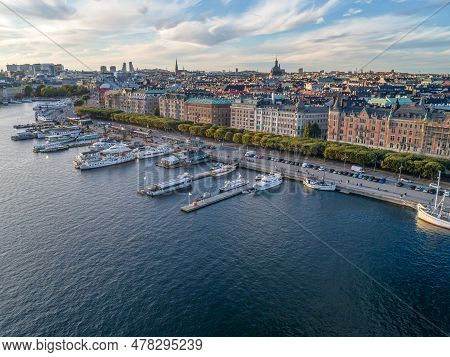 Sweden Stockholm Aerial View Of Strandvagen Boulevard And Ostermalm District On A Sunny Day Sunset