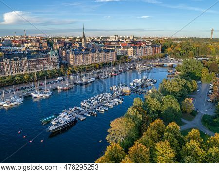 Sweden Stockholm Aerial View Of Strandvagen Boulevard And Ostermalm District On A Sunny Day Sunset