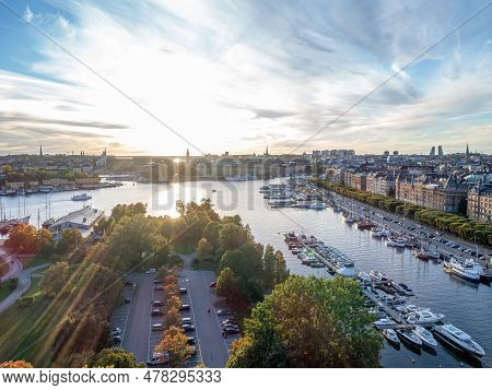 Sweden Stockholm Aerial View Of Strandvagen Boulevard And Ostermalm District On A Sunny Day Sunset