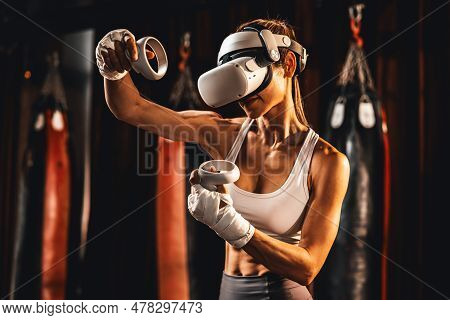 Female Boxer Training With Vr Or Virtual Reality, Wearing Vr Headset With Immersive Boxing Training 