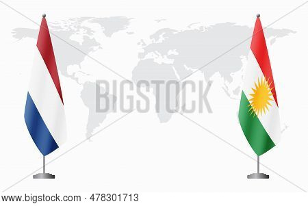Netherlands And Kurdistan Flags For Official Meeting Against Background Of World Map.
