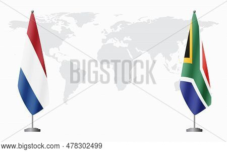 Netherlands And South Africa Flags For Official Meeting Against Background Of World Map.