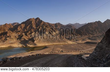 Hatta Mountains And Nature, Mountain Valley Landscape, Mountain Rocks In Mountain Valley Panorama - 