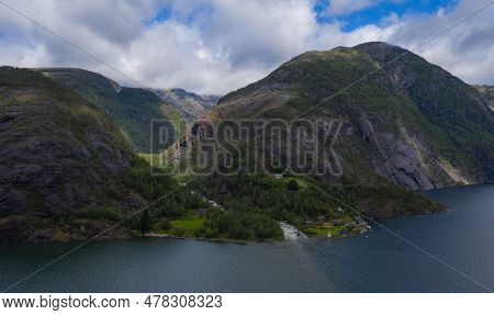 View On Beautiful Landscape With Water Of Fjord And Mountains At Sunny Summer Day, Akrafjorden, Hord