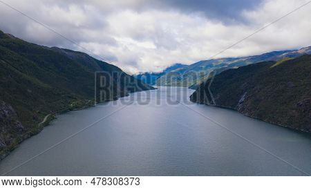 View On Beautiful Landscape With Water Of Fjord And Mountains At Sunny Summer Day, Akrafjorden, Hord