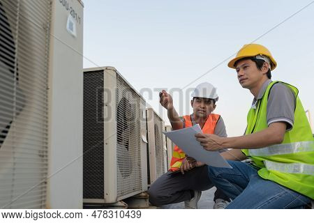 Engineers Use Blueprint Check Air Condition Systems On Site. Contractor And Inspector Inspection Com
