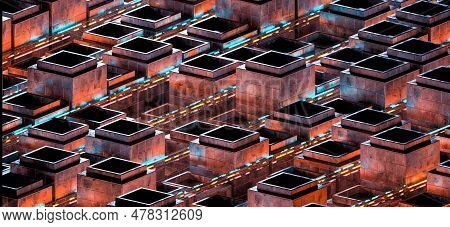 Abstract 3D Background. Night View Of A Dark Neon Scene. Neon Lights, Lines, Rays Of Blue Red Neon.