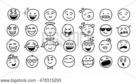 Hand Drawn Doodle Style. Comic Line. Doodle Emoji Face Icon Set. Emoji With Different Emotion Mood. 