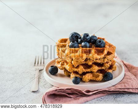 Easy Healthy Gluten Free Oat Waffles With Copy Space. Stack Of Appetizing Homemade Waffles With Oat 