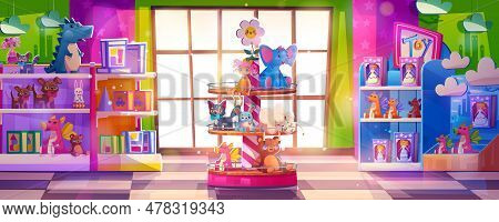 Kid Toy Store Interior Cartoon Vector Illustration. Happy Children Toyshop For Buy Little Gift. Tedd