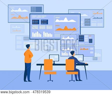 Investors Checking Stock Market Charts Vector Illustration. Workers At Office Looking At Trading Scr