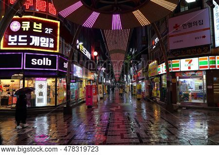 Jeonju, South Korea - April 4, 2023: Evening Street View Of Modern Shopping District In The City Of 