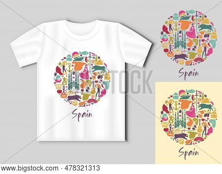 Traditional Symbols Of Spain. Flat Icons In The Shape Of A Circle. Travel Concept With T-shirt Mocku