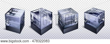3d Glass Cube Box Vector Isolated On Transparent Background. Crear Black And White Realistic Geometr