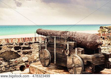 Old Cannon At Sohail Castle In Fuengirola, Near Malaga Spain. Tourist Attraction. Intersting Place T