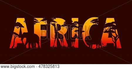 African Safari, Sunset Landscape With Animal Silhouettes And Trees. Africa Vector Double Exposition 