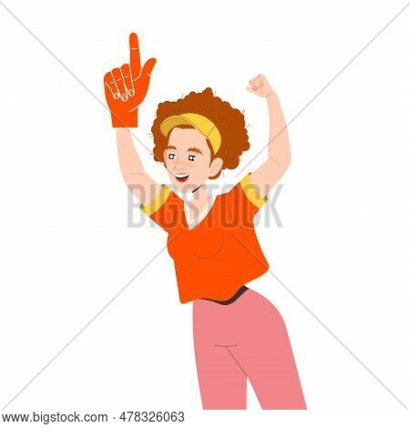 Woman Fan Character With Glove Cheering For Sport Team Vector Illustration