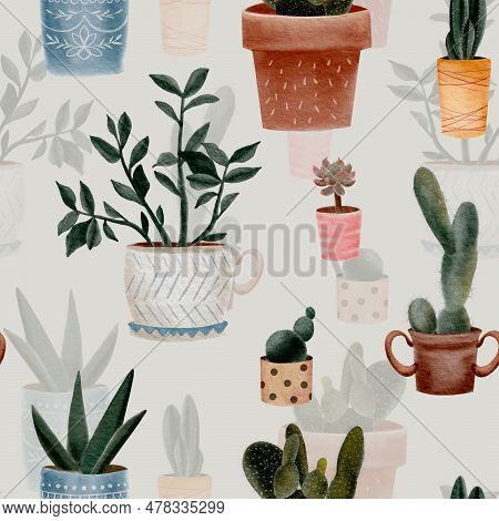 Seamless Pattern With Cacti. Watercolor Pattern With Indoor Plants Green Seamless Background. Waterc