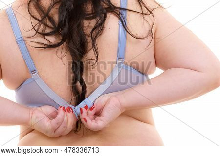 Woman Back View Putting On Her Bra Lingerie.