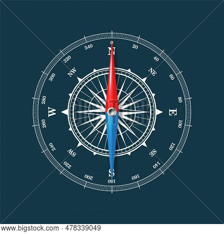 Marine Compass, Nautical Wind Rose With Cardinal Directions Of North, East, South, West And Degree M