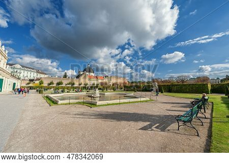 Vienna, Austria - October 09, 2016: Belvedere Palace And Garden With Fountain. Sightseeing Object In